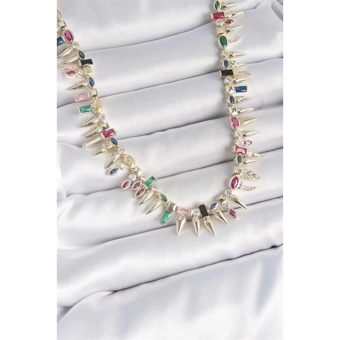 Pirinç Gold Renk Zirkon Taşlı Diken Model VIP Seri Kadın Kolye