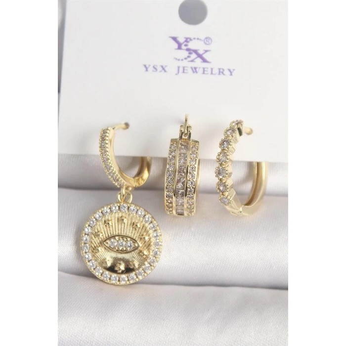 Pirinç Gold Renk Zirkon Taşlı Göz İşlemeli Model  3Lü Kadın Kombin Küpe