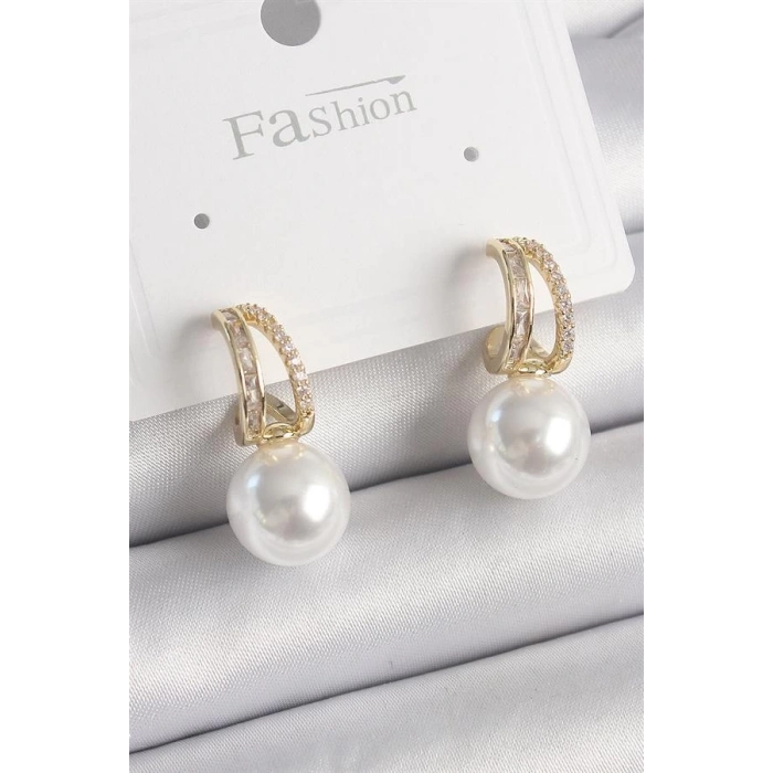 Pirinç Gold Renk Zirkon Taşlı Halka İncili Kadın Küpe