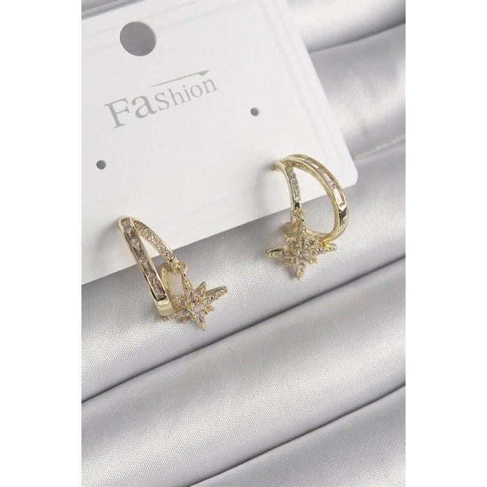 Pirinç Gold Renk Zirkon Taşlı Halka Model Yıldız Detay Kadın Küpe