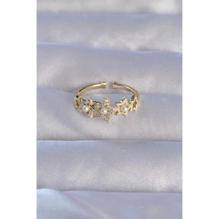 Pirinç Gold Renk Zirkon Taşlı İncili Yıldız Model Ayarlanabilir Yüzük