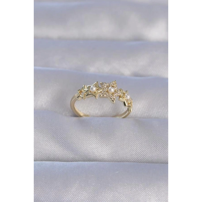 Pirinç Gold Renk Zirkon Taşlı İncili Yıldız Model Ayarlanabilir Yüzük