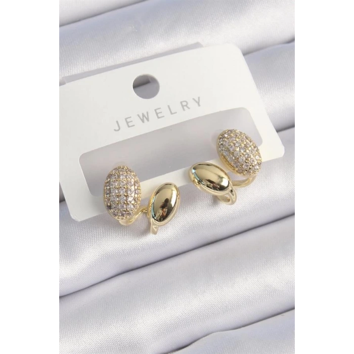 Pirinç Gold Renk Zirkon Taşlı Kadın Küpe