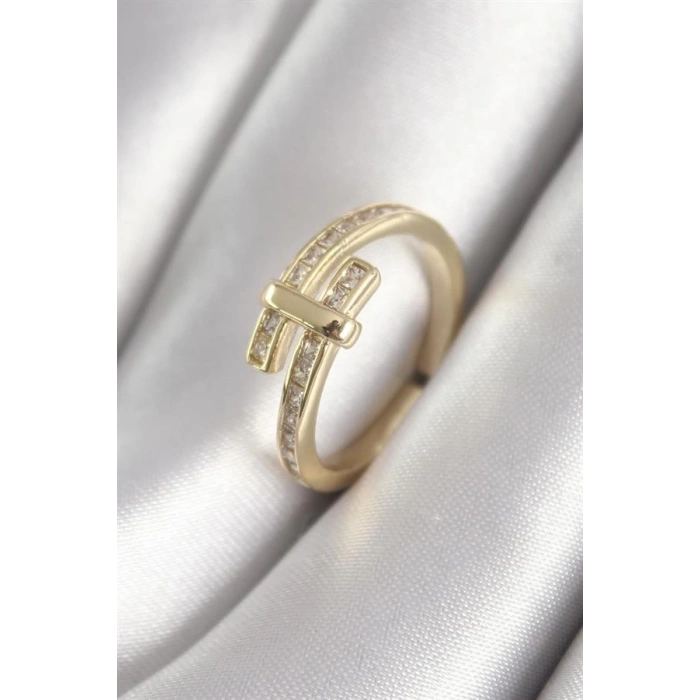 Pirinç Gold Renk Zirkon Taşlı Kadın Yüzük