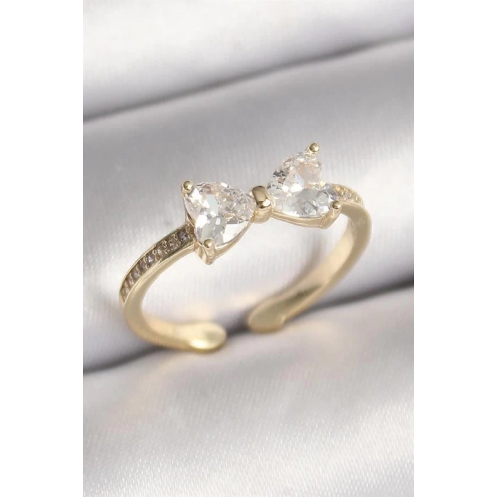 Pirinç Gold Renk Zirkon Taşlı Kalp Fiyonk Model Kadın Yüzük