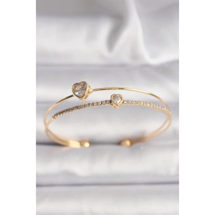 Pirinç Gold Renk Zirkon Taşlı Kalp Model Kadın Bileklik