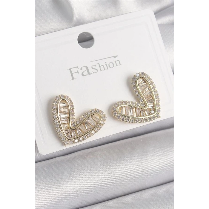 Pirinç Gold Renk Zirkon Taşlı Kalp Model Kadın Küpe