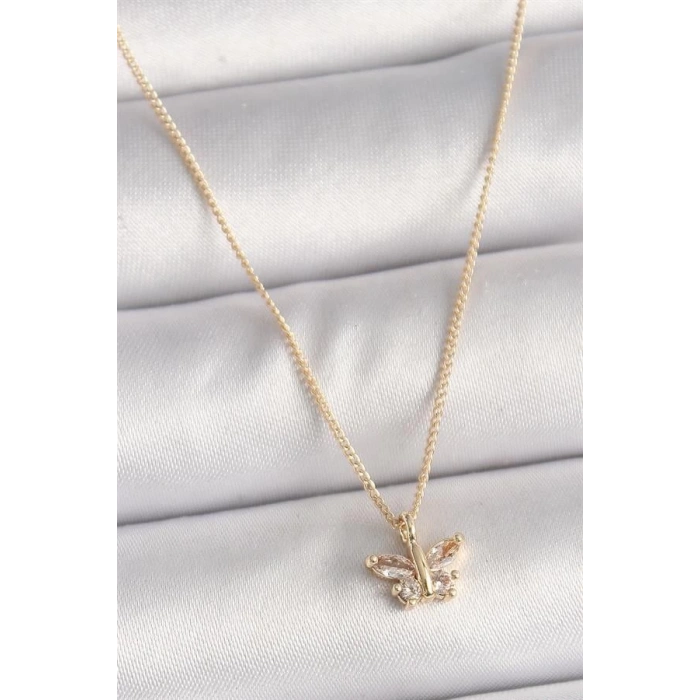Pirinç Gold Renk Zirkon Taşlı Kelebek Model Kadın Kolye