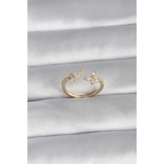 Pirinç Gold Renk Zirkon Taşlı Kelebek Model Kadın Yüzük