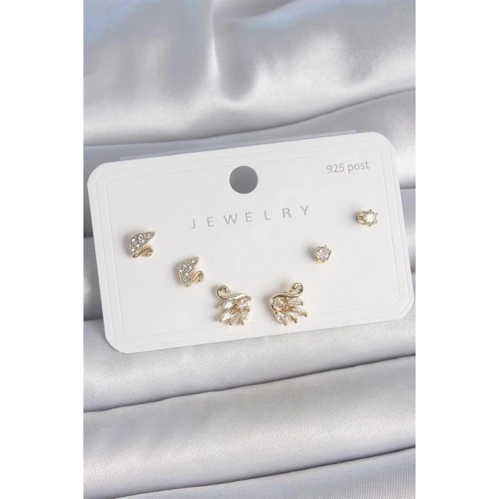 Pirinç Gold Renk Zirkon Taşlı Kuğu Model 925 Ayar Gümüş Çivi Kadın Küpe Seti