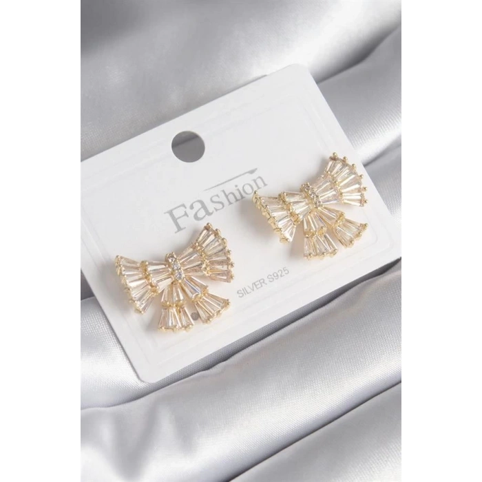 Pirinç Gold Renk Zirkon Taşlı Kurdele Model Kadın Küpe