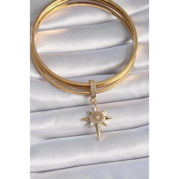 Pirinç Gold Renk Zirkon Taşlı Kutup Yıldızı Model Ajda Charm