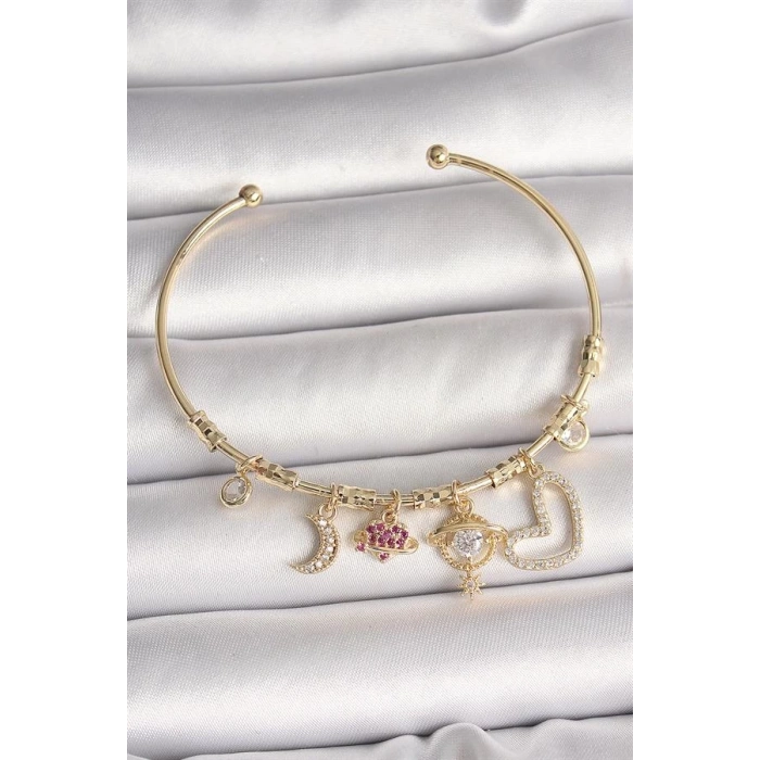 Pirinç Gold Renk Zirkon Taşlı Sallantı Gezegen Model Yıldız Detay Charm Kadın Bileklik