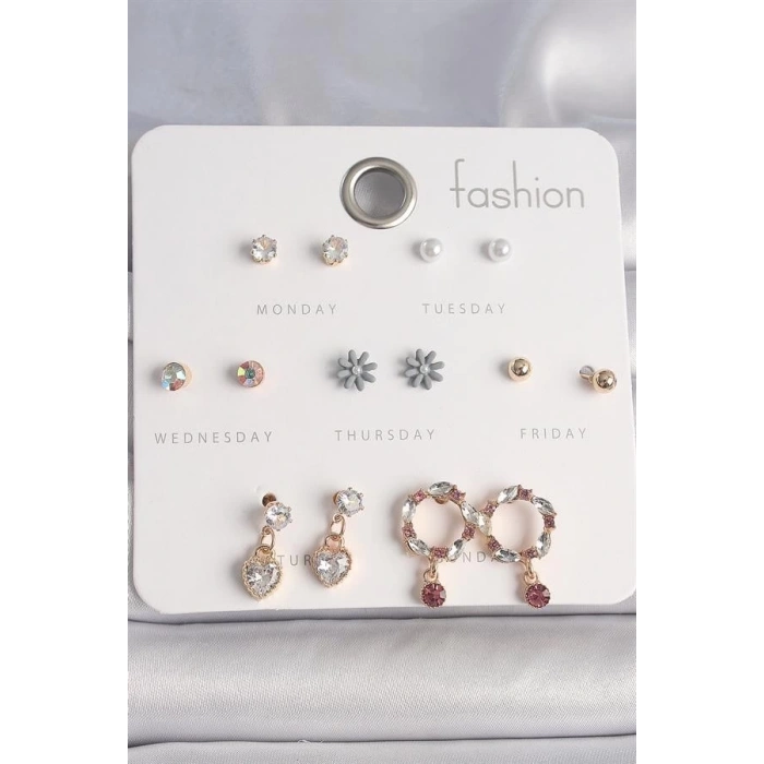 Pirinç Gold Renk Zirkon Taşlı Sallantı Kalp Çiçek Figür 7 Çift Kadın Küpe Seti