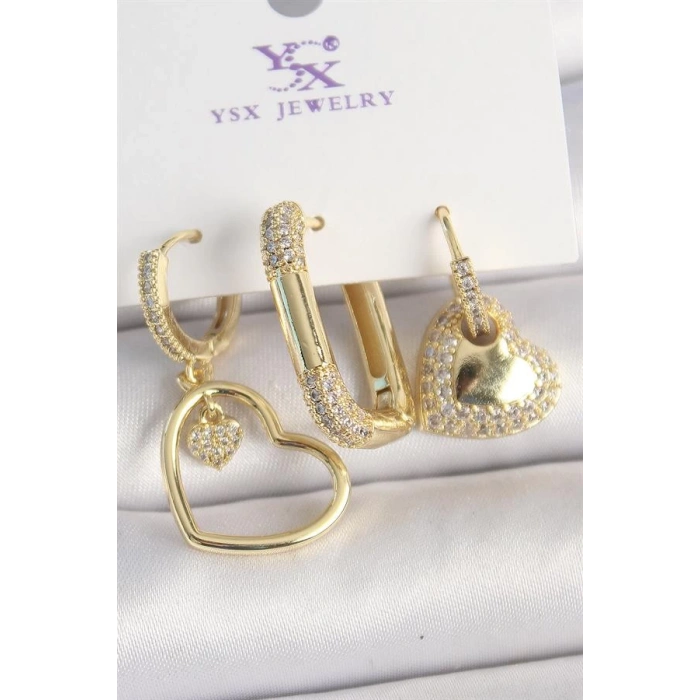 Pirinç Gold Renk Zirkon Taşlı Sallantı Kalp Model 3Lü Kadın Kombin Küpe