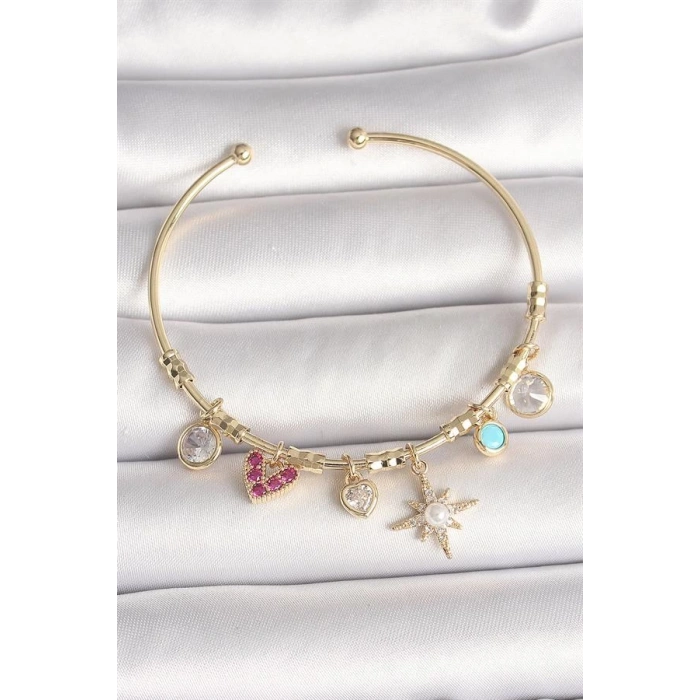 Pirinç Gold Renk Zirkon Taşlı Sallantı Kutup Yıldız Figür İnci Detay Charm Kadın Bileklik