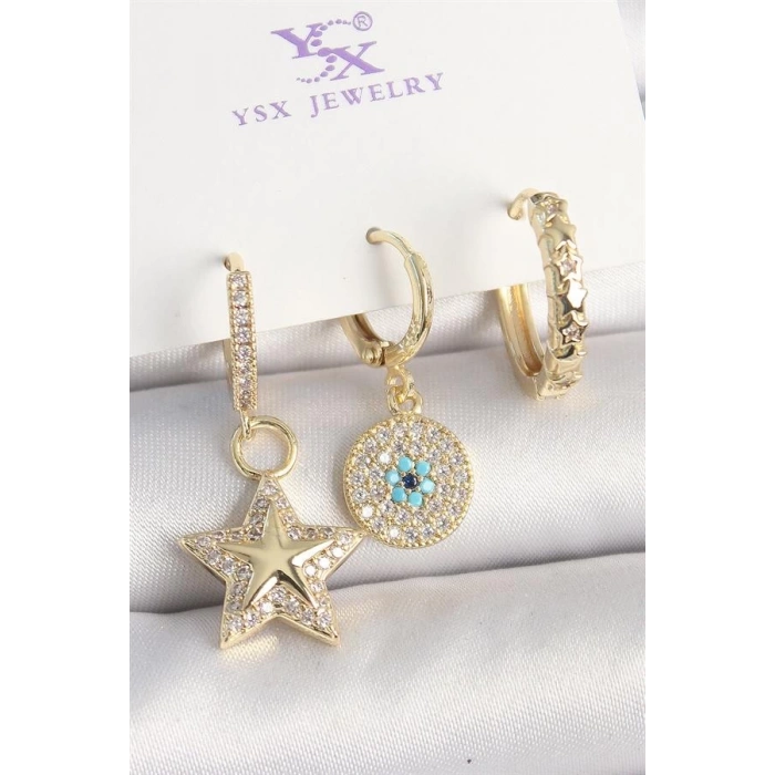Pirinç Gold Renk Zirkon Taşlı Sallantı Yıldız Model Nazar Boncuk Detay 3Lü Kadın Kombin Küpe