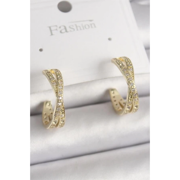 Pirinç Gold Renk Zirkon Taşlı Sarmal Halka Model Kadın Küpe