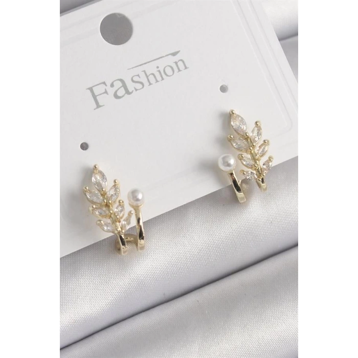 Pirinç Gold Renk Zirkon Taşlı Yaprak Model İnci Detay Küpe