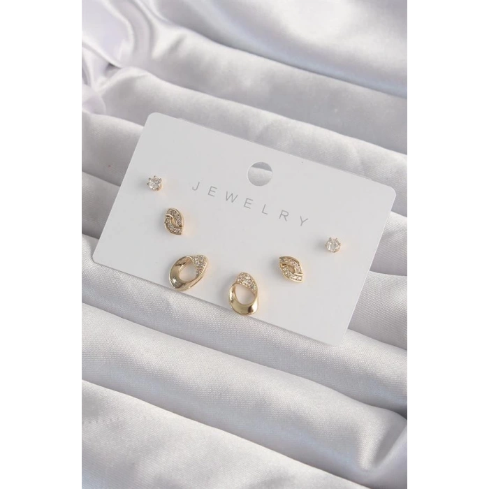 Pirinç Gold Renk Zirkon Taşlı Yaprak Model Küpe Seti