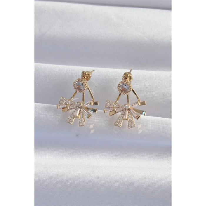 Pirinç Gold Renk Zirkon Taşlı Yassı Fiyonk Model Küpe