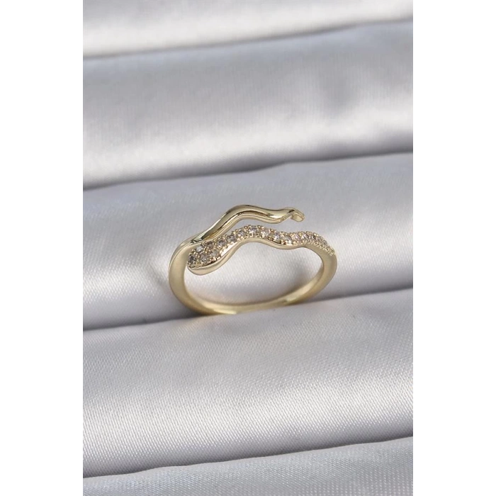 Pirinç Gold Renk Zirkon Taşlı Yılan Ayarlanabilir Model Kadın Yüzük