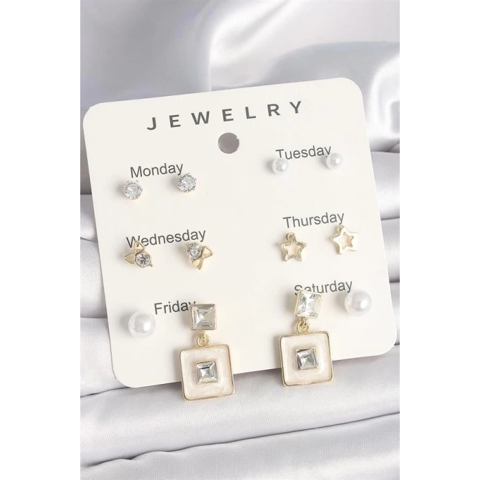 Pirinç Gold Renk Zirkon Taşlı Yıldız Figür Sallantı Beyaz Mineli Model 7Li Kadın Küpe Seti