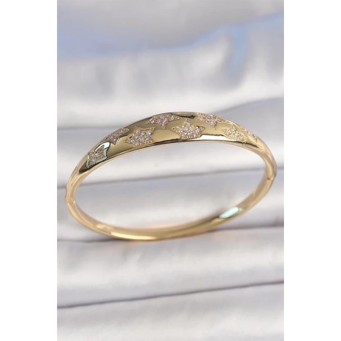 Pirinç Gold Renk Zirkon Taşlı Yıldız İşlemeli Kadın Kelepçe