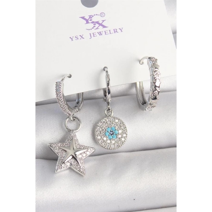 Pirinç Gold Renk Zirkon Taşlı Yıldız Model Nazar Boncuk Detay 3Lü Kadın Kombin Küpe