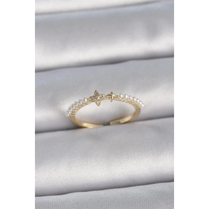 Pirinç Gold Renk Zirkon Taşlı Yıldız Sıralı İncili Ayarlanabilir Model Kadın Yüzük