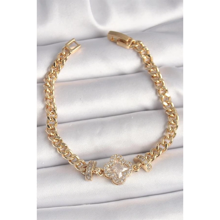Pirinç Gold Renk Zirkon Taşlı Yonca Figür Zincir Model Kadın Bileklik