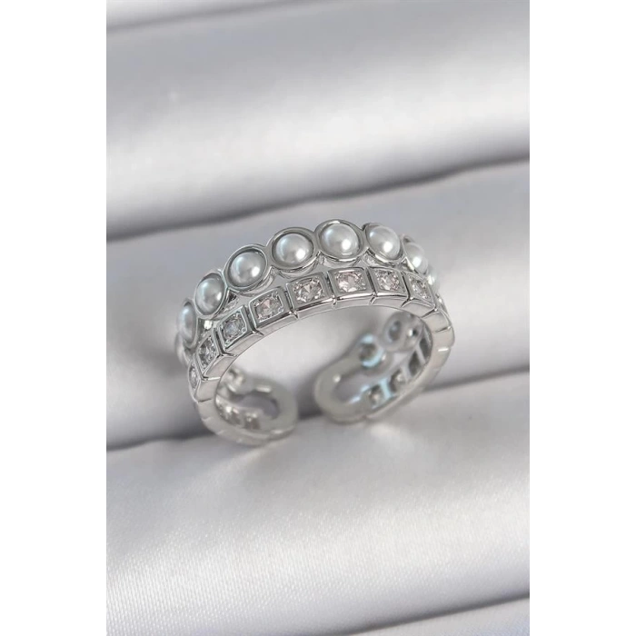 Pirinç Gümüş Renk 2Li Sıra Zirkon Taşlı Ve İncili Ayarlanabilir Kadın Yüzük