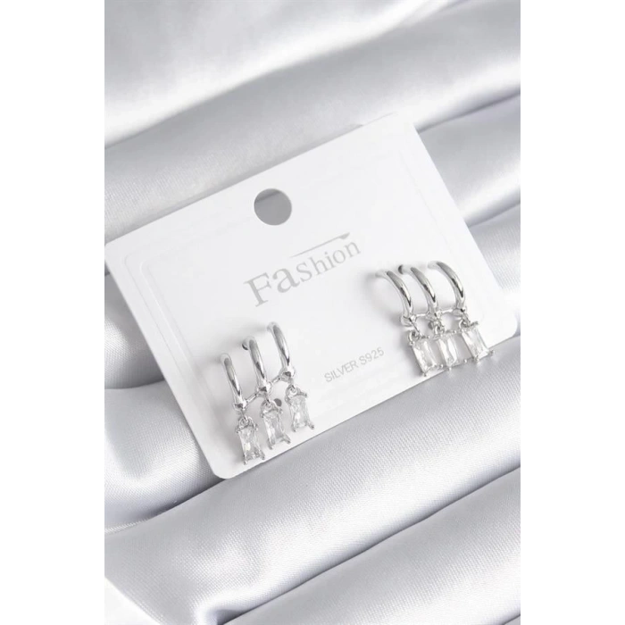 Pirinç Gümüş Renk 3lü Sallantı Zirkon Taşlı Küpe