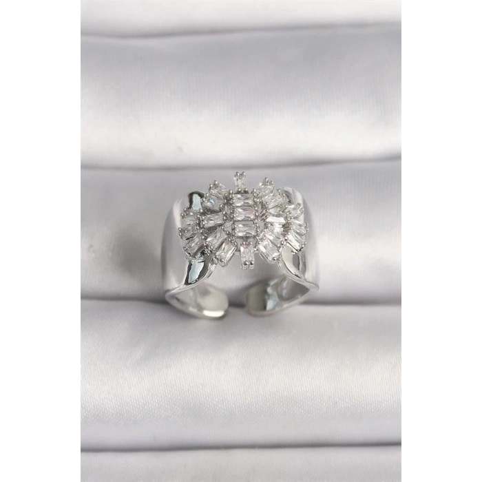 Pirinç Gümüş Renk Ayarlanabilir Baget Zirkon Taş Model Kadın Yüzük