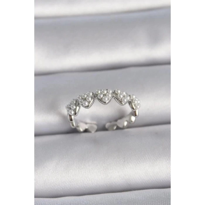 Pirinç Gümüş Renk Ayarlanabilir İncili Kalp Model Kadın Yüzük