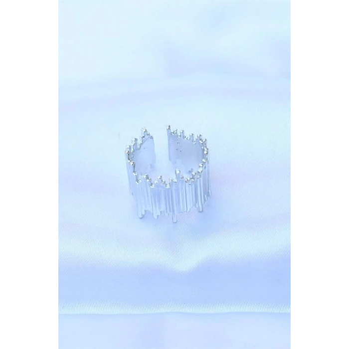 Pirinç Gümüş Renk Ayarlanabilir Kalın Tırtık Yüzük