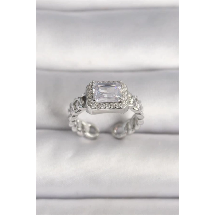 Pirinç Gümüş Renk Ayarlanabilir Zincir Kare Zirkon Taşlı Kadın Yüzük