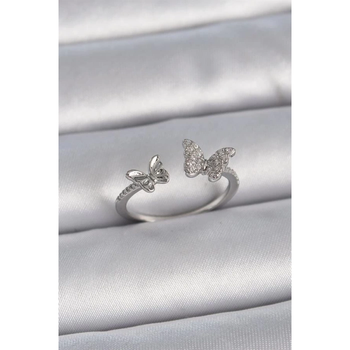 Pirinç Gümüş Renk Ayarlanabilir Zirkon Taşlı Kelebek Model Kadın Yüzük