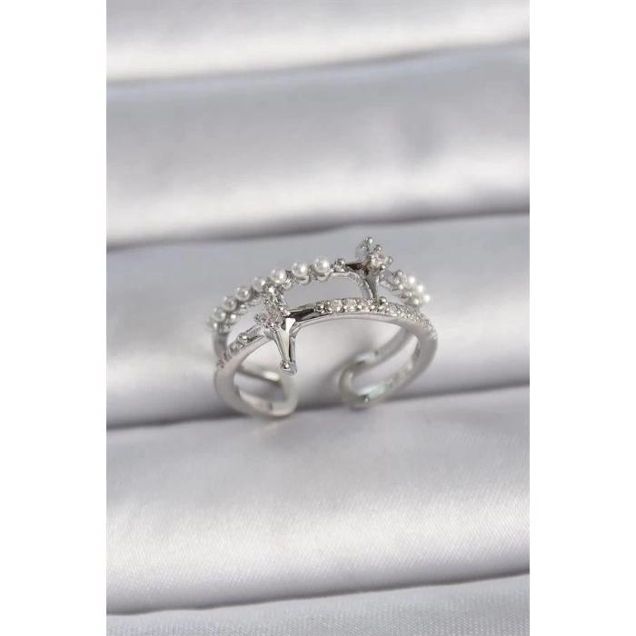 Pirinç Gümüş Renk Ayarlanabilir Zirkon Taşlı Kutup Yıldız İnci Detay Kadın Yüzük