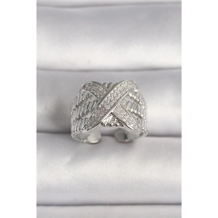 Pirinç Gümüş Renk Ayarlanabilir Zirkon Taşlı X Model Kadın Yüzük