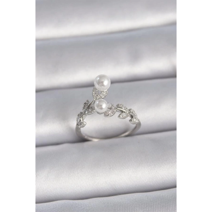 Pirinç Gümüş Renk Ayarlanabilir Zirkon Taşlı Yaprak Model İnci Detay Kadın Yüzük