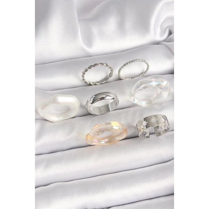 Pirinç Gümüş Renk Beyaz Akrilik Plastik Model Kutup Yıldız İşleme Detaylı Kadın Yüzük Kombini