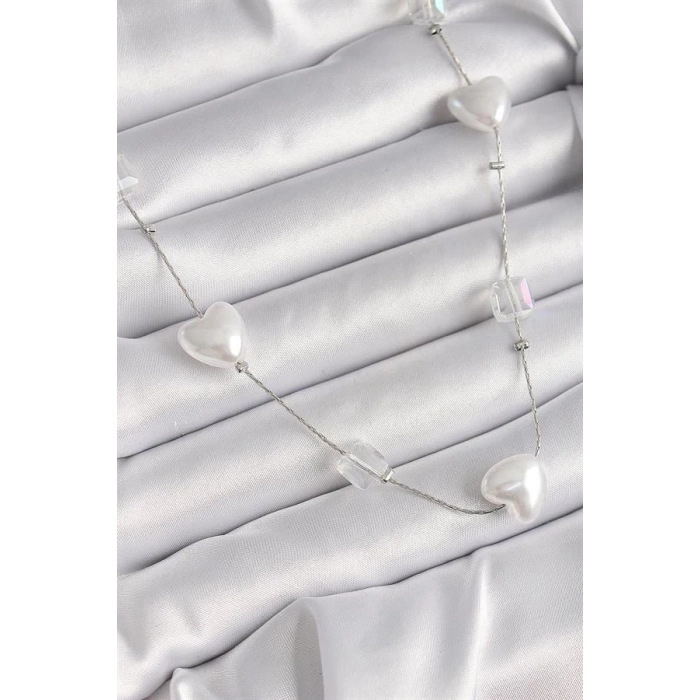 Pirinç Gümüş Renk Beyaz İnci Kalp Model Kadın Kolye