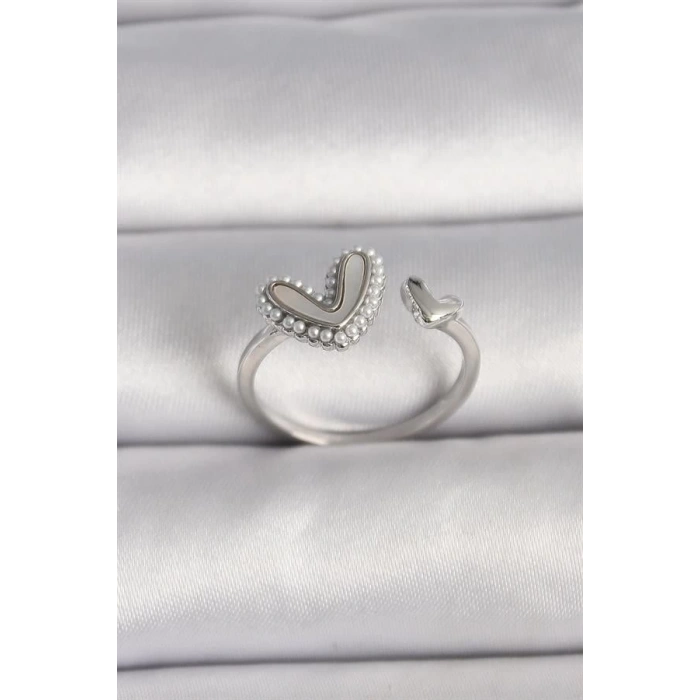 Pirinç Gümüş Renk Beyaz Mineli İnci Detaylı Kalp Model Ayarlanabilir Yüzük