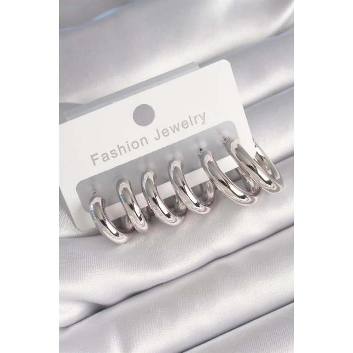 Pirinç Gümüş Renk Halka Kadın Küpe Seti