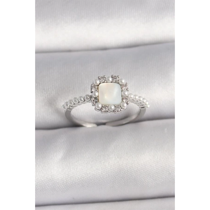 Pirinç Gümüş Renk İncili Kare Beyaz Mineli Ayarlanabilir Kadın Yüzük