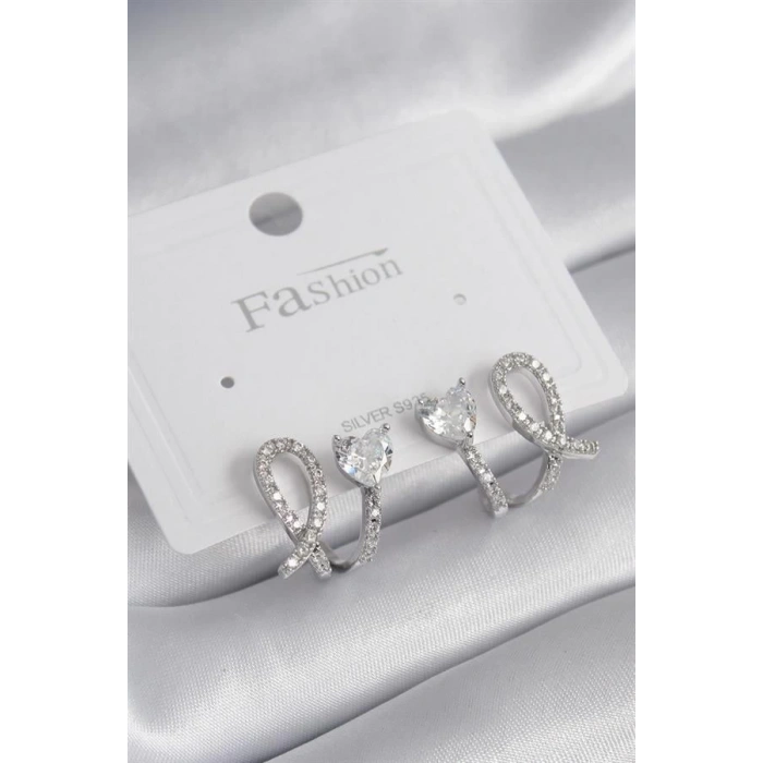 Pirinç Gümüş Renk Kalp Model Zirkon Taşlı Kadın Küpe