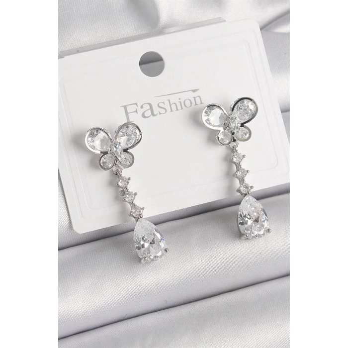 Pirinç Gümüş Renk Kelebek Model Sallantı Damla Zirkon Taşlı Kadın Küpe