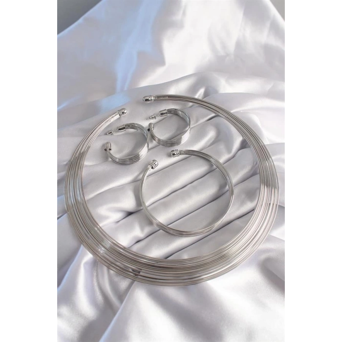 Pirinç Gümüş Renk Kolye Küpe Bileklik Seti