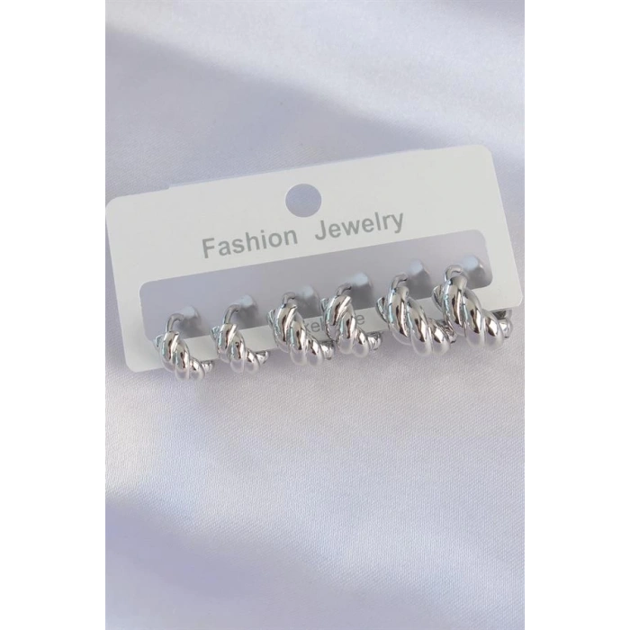 Pirinç Gümüş Renk Minimal Tırtıklı Küpe Seti